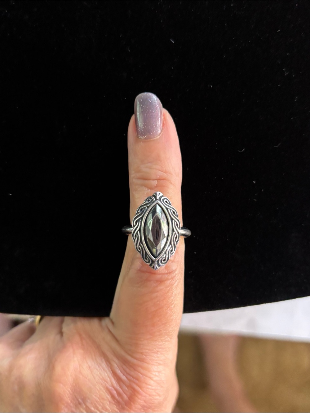 Vintage Avon Silver Marquise Filigree Ring Hematite Gemstone Ring